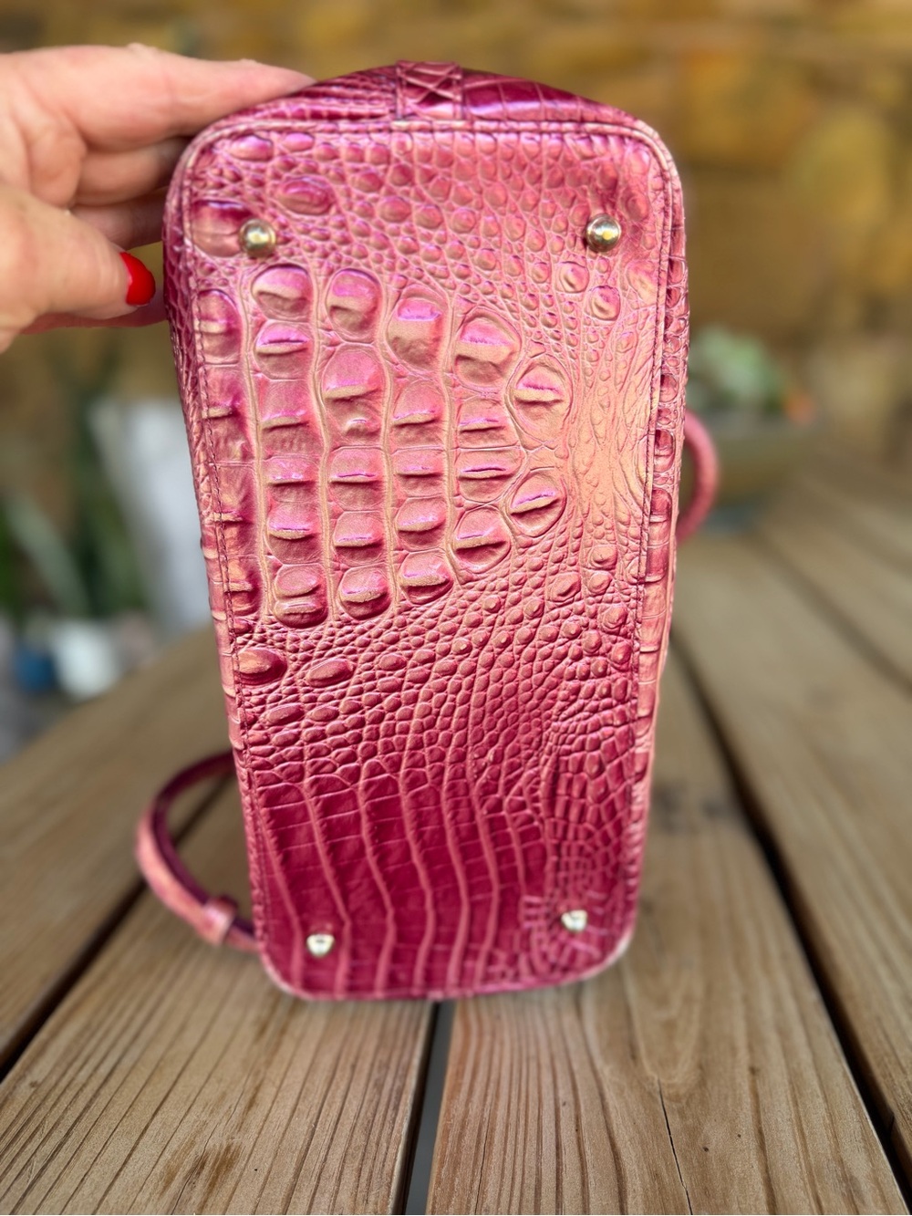 Brahmin Metallic Pink Croc-Embossed Satchel Bag - Picture 7 of 15